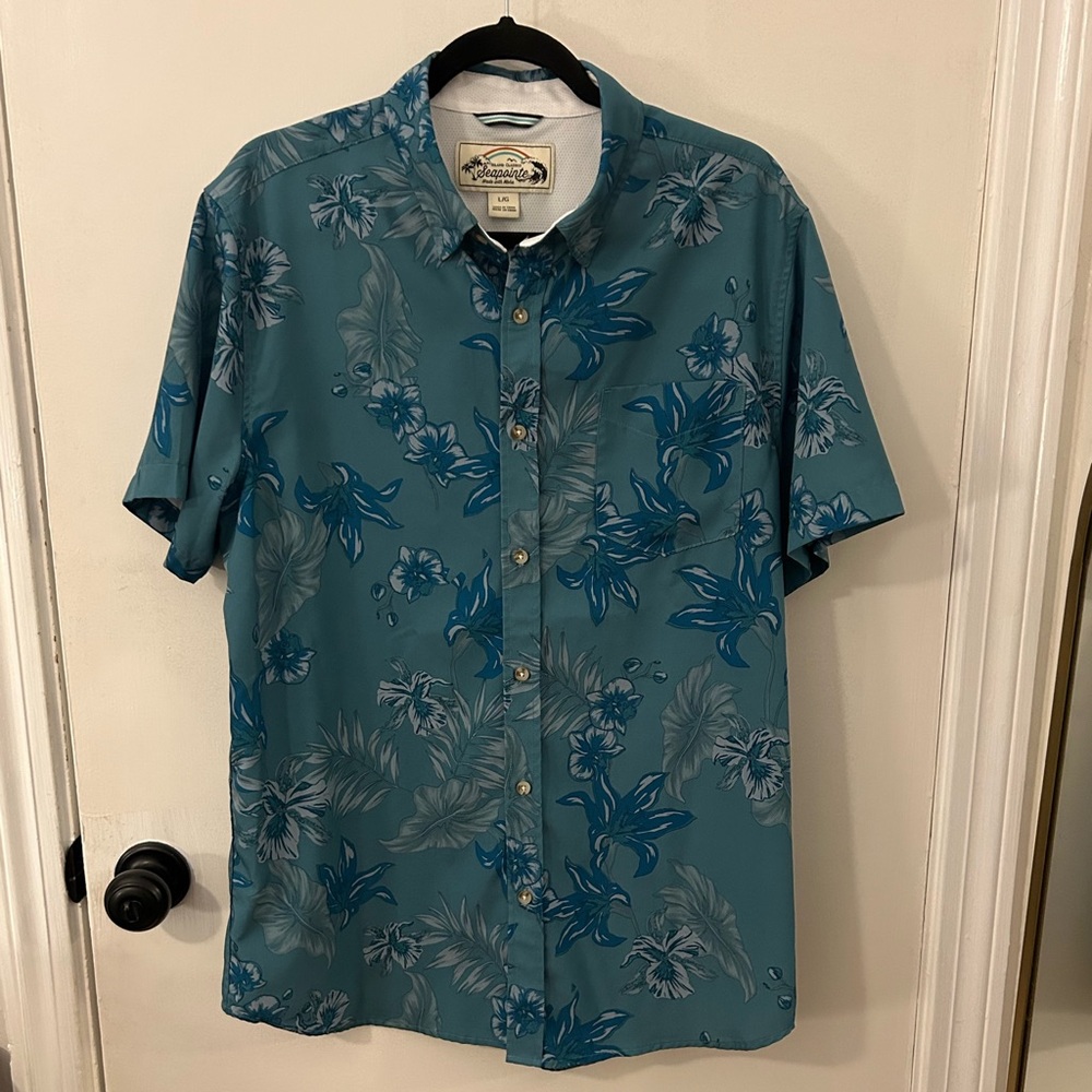 Seapointe Shirt Men L Teal Blue Aloha Hawaiian Short Sleeve Soft Stretchy EUC